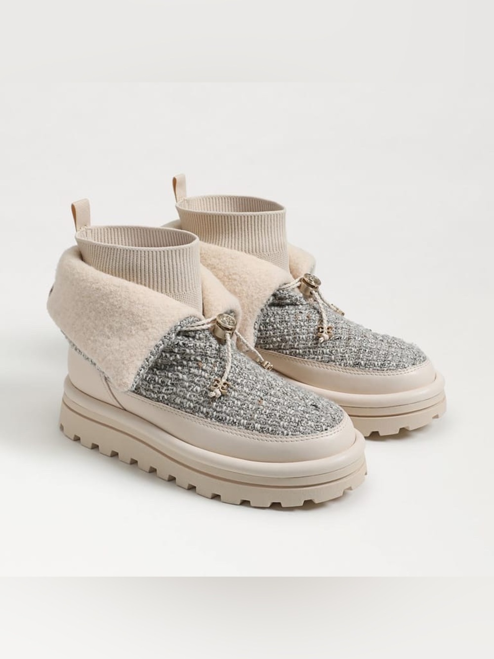 Sam Edelman Olin Ivory Multi Leather Shearling-Trim Platform Ankle Boots